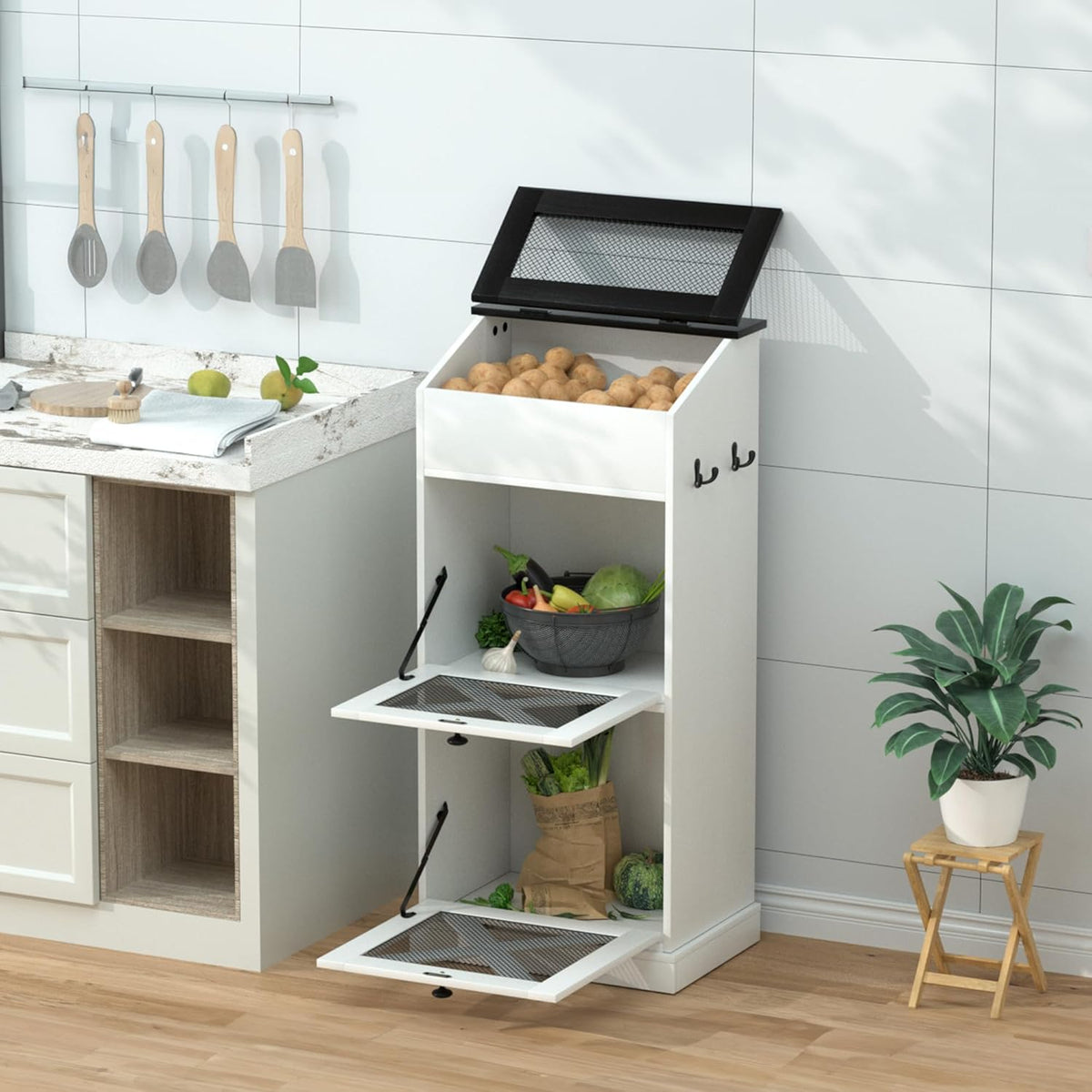 Wooden Potato and Onion Storage Bin w/Lid, Large Capacity and Ventilated Design, Ideal for Pantry, Kitchen Brown