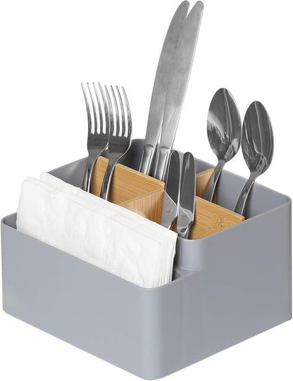 Seville Classics Bamboo Premium Organizer Storage Bins for Kitchen Silverware, Pantry, Closet, Office Desk, Pens, Utensils, Makeup, K Cup, Bamboo, Bag Holder Bin Set