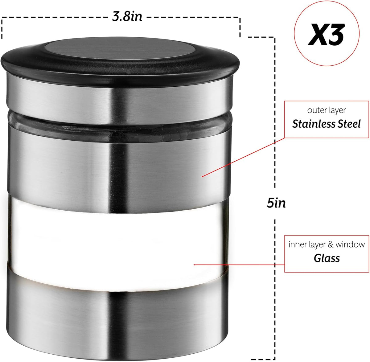 Le'raze Quality Stainless Steel Canister Set of 3 for Kitchen Counter with Glass Window & Airtight Lid - Food Storage Containers with Lids Airtight - Pantry Storage and Organization Set