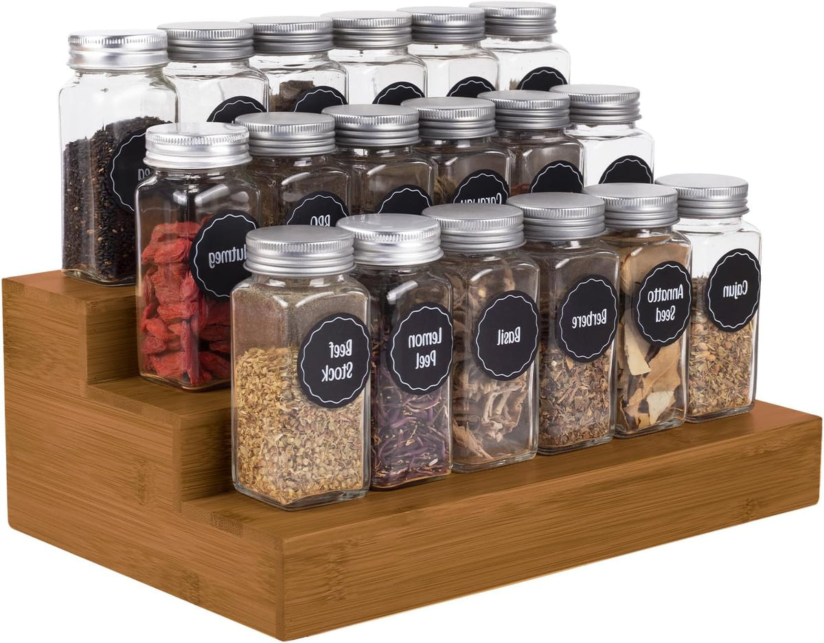 Bamboo Spice Rack Organizer for Cabinet 2 Pack - 3 Tier Countertop Step Shelf, Seasoning Storage Stand for Kitchen Pantry, Spice Holder for Jars Bottles Cans (Natural)