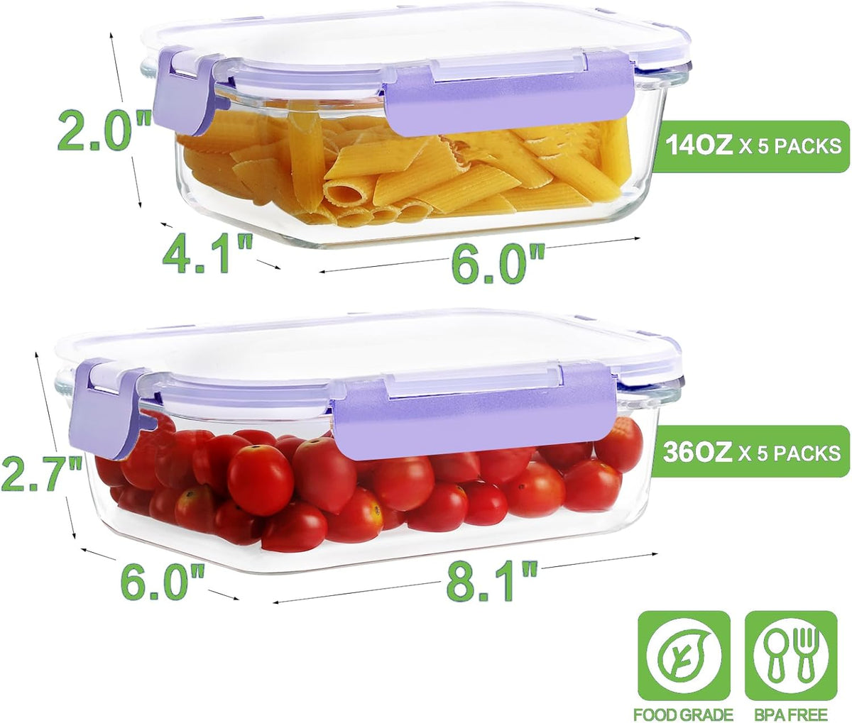 HOMBERKING Borosilicate Glass Meal Prep Containers with Locking Lids, Glass Food Storage Containers Set, Airtight Lunch Bento Boxes, BPA-Free & Leak Proof, 36oz & 14oz, Freezer, Oven Safe
