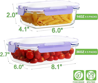 HOMBERKING Borosilicate Glass Meal Prep Containers with Locking Lids, Glass Food Storage Containers Set, Airtight Lunch Bento Boxes, BPA-Free & Leak Proof, 36oz & 14oz, Freezer, Oven Safe