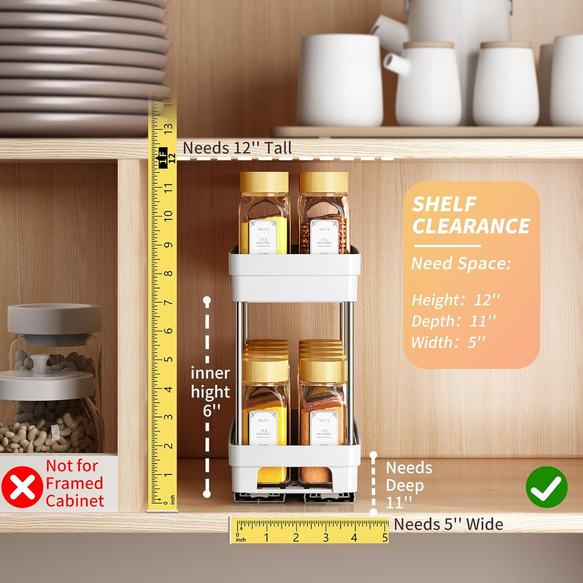 Pull Out Spice Rack Organizer for Cabinet, Slide Out Spice Racks Organizer, Spice Cabinet Organizers, Cabinet Size Need:12'' Highx11'' Deepx5'' Wide,Hold 10 Spice Jar Each Tier-2Tier, Black