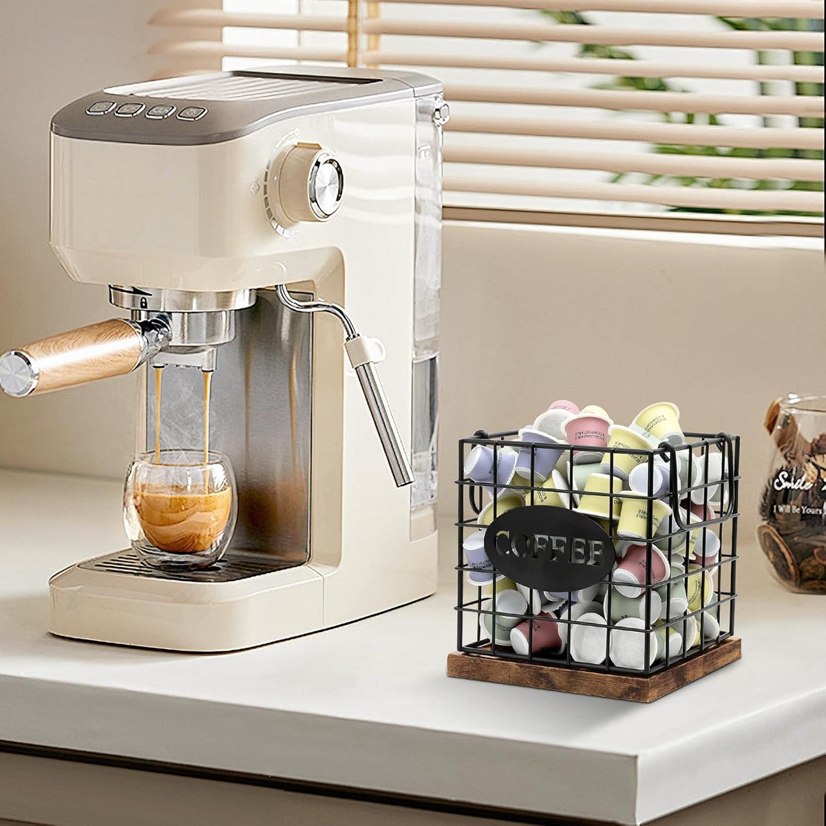 Coffee Pod Holder Organizer,Large Capacity K Cup Holder Organizer, Storage Basket for Kitchen Countertop Office Coffee Bar with Wooden Base(Rustic Brown-Square)