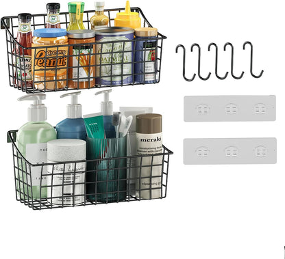 Sonyabecca 6 Pack Hanging Wall Basket for Organizing, Large Wire Basket for Storage Pantry with 5 S Hook+6 Adhesive Hook, Wall Mounted Shelf for Kitchen Bathroom