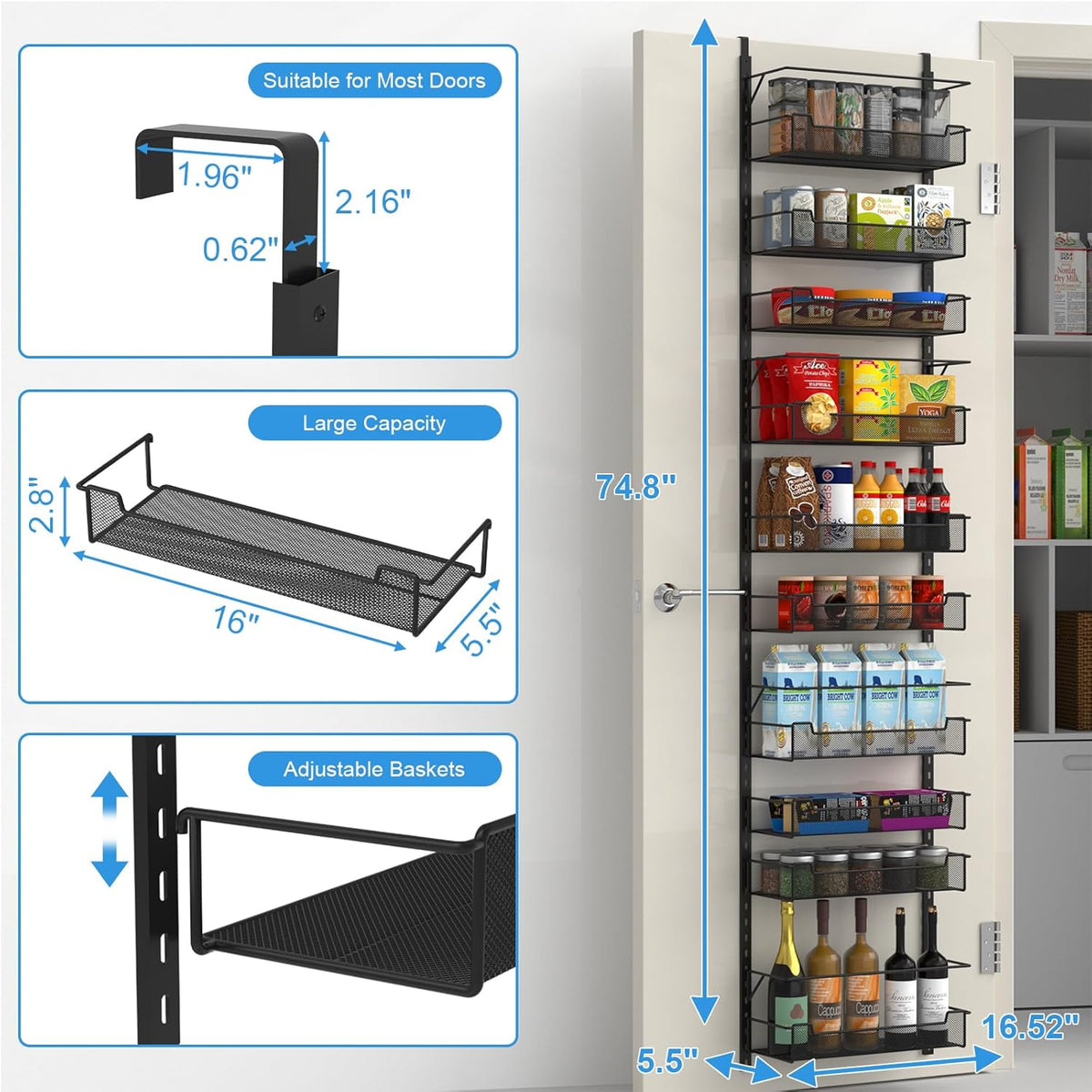 VyGrow 12.3" W Narrow Over the Door Pantry Organizer, 6-Tier Over the Door Organizer with Adjustable Basket, Pantry Door Organization for Pantry Kitchen Storage Room Spice Rack, White