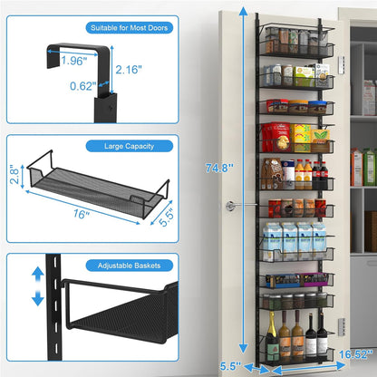 VyGrow 12.3" W Narrow Over the Door Pantry Organizer, 6-Tier Over the Door Organizer with Adjustable Basket, Pantry Door Organization for Pantry Kitchen Storage Room Spice Rack, White