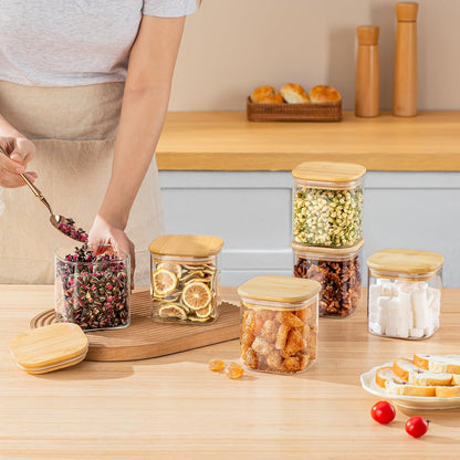 SENTVEND 37 Oz Glass Storage Jars with Bamboo Lids - 6 Pack Clear Glass Canisters Square Airtight Stackable Ideal for Pantry Storage Containers Organizers Great for Storing Oats Coffee Beans Nuts etc