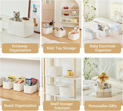 R RUNKA Small Cotton Rope Basket – Storage Bin for Organizing (10.6" x 6.7" x 6.7"), Bathroom Storage Basket for Shelf, Counter & Closet（Beige）