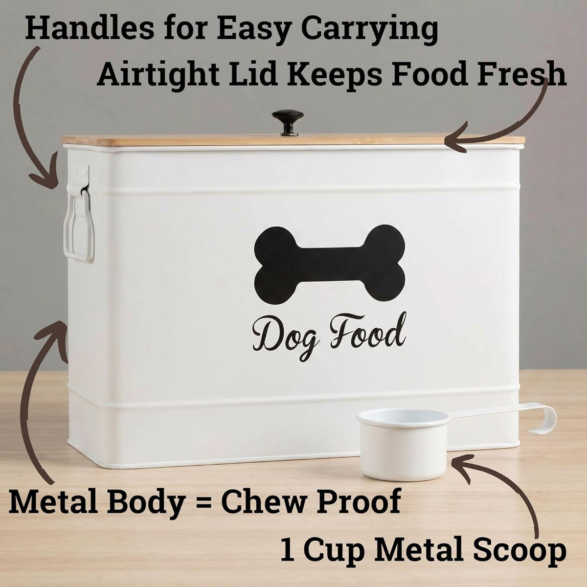Dog Food Container Airtight 15-20 lb (70 Cup) Capacity with Metal Scoop - Cute Airtight Dog Food Storage Container with Bamboo Lid - Black Metal Kibble Storage Bin for Dogs up to 100 lbs - Big Pet Jar