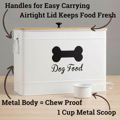 Dog Food Container Airtight 15-20 lb (70 Cup) Capacity with Metal Scoop - Cute Airtight Dog Food Storage Container with Bamboo Lid - Black Metal Kibble Storage Bin for Dogs up to 100 lbs - Big Pet Jar