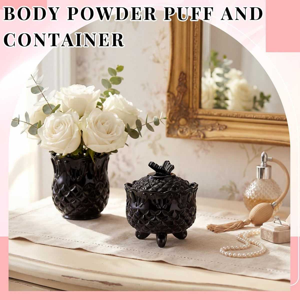 Tioncy 3 Pcs Large Body Powder Puff and Container Valentine's Day gift Powder Container with Puff Crystal Case Soft Washable Reusable Velour Face Body Glitter Wet Dry Makeup (Classic,Clear)
