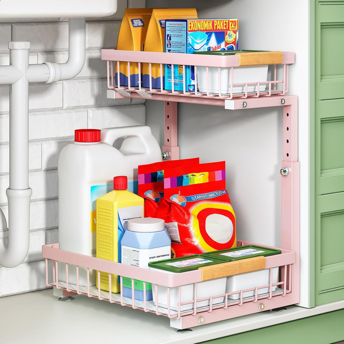 Kitstorack Under Sink Organizer, 2 Tier Under the Sink Storage, Slide out Pull out Cabinet Organizer Shelf, Metal Sliding Drawer for Kitchen Bathroom Pantry Closet Organization Rack, Black