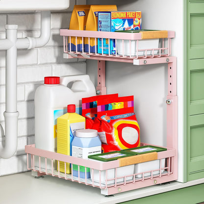 Kitstorack Under Sink Organizer, 2 Tier Under the Sink Storage, Slide out Pull out Cabinet Organizer Shelf, Metal Sliding Drawer for Kitchen Bathroom Pantry Closet Organization Rack, Black