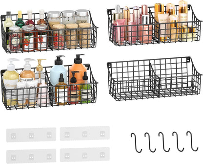 Sonyabecca 6 Pack Hanging Wall Basket for Organizing, Large Wire Basket for Storage Pantry with 5 S Hook+6 Adhesive Hook, Wall Mounted Shelf for Kitchen Bathroom