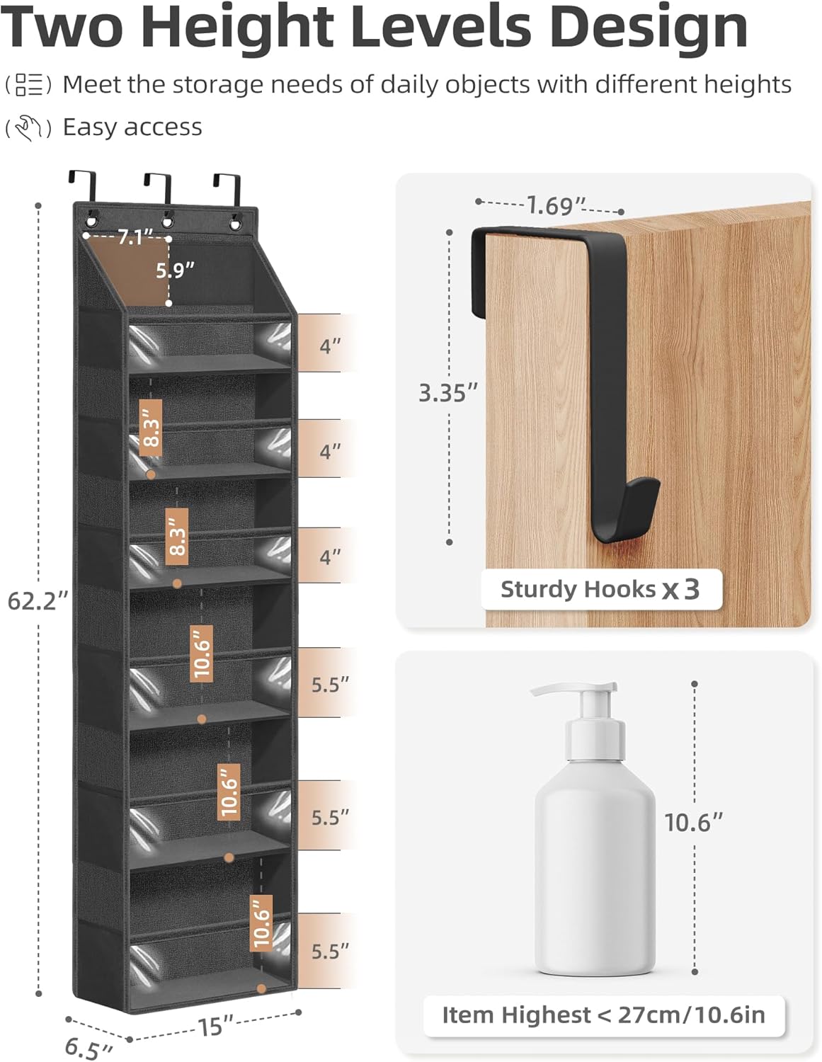 STORAGE MANIAC Over the Door Organizer Large Capacity Hanging Organizer, Clear Deep Pockets Behind Door Closet Organizer and Storage for Nursery, Bathroom, Bedroom, Pantry, 1 Pack Grey