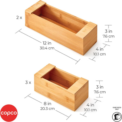 Copco In Drawer or Mounted 4 Compartment Organizer for Plastic, Foil, Wax and Parchment Paper featuring Easy Slide Tabs for Perfect Cut, With 21 Customizable Labels, Bamboo, 13.3 x 11 x 3 Inch