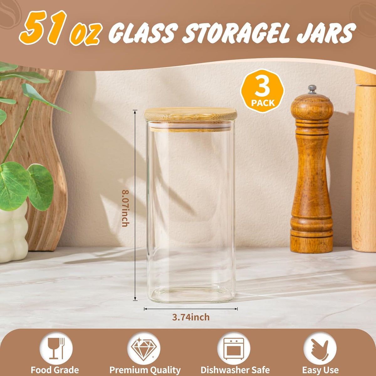 SENTVEND 37 Oz Glass Storage Jars with Bamboo Lids - 6 Pack Clear Glass Canisters Square Airtight Stackable Ideal for Pantry Storage Containers Organizers Great for Storing Oats Coffee Beans Nuts etc