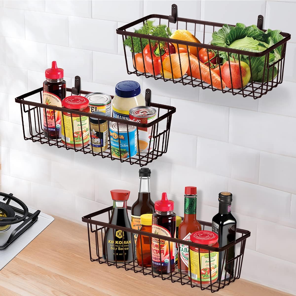 SheeChung Farmhouse Metal Wire Bin Basket with Wall Mount - Small, - Portable Hanging Wall Basket, Rustic Home Storage Organizer for Cabinets, Pantry, Closets, Bathroom, Kitchen,Bedroom(Black)