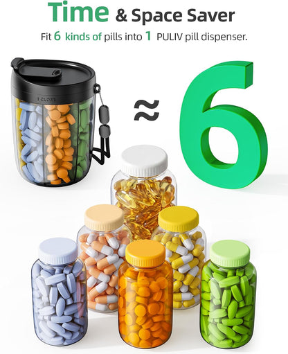 PULIV Large Pill Bottle Organizer for Holding 6 Various Vitamins without Filling Hassle, Supplement Organizer for Travel, Anti-Mixing Pill Box Case with Wide Opening for Easy Pill Retrieval, 20 Labels