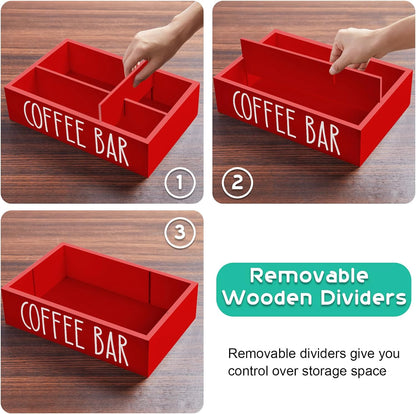 ALELION Coffee Station Organizer - Wood Countertop Accessories Organizer with Removable Dividers for Pods Condiment Syrup Tea Cups Stirrers - for Farmhouse Coffee Bar Decor