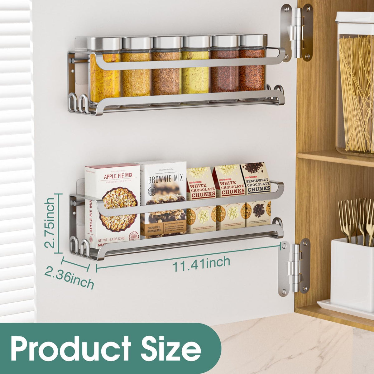 LUCYCAZ Wall Mounted Spice Rack with 8 Hooks, Spice Organizer Shelf for Stove Cabinet Pantry Door,Screw or Adhesive Spice Shelf Hanging Wall Spice Rack in Kitchen and RV (Black)