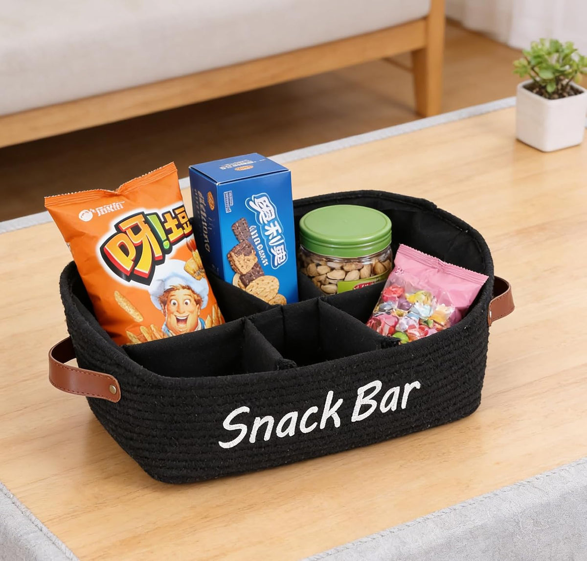 Snack Organizer for Pantry, Trapezoid Snack Organizer with Handles, 5 Compartment snack basket snack bar organizer, Cotton Rope Storage Basket for Kitchen Pantry Organization and Storage-Black