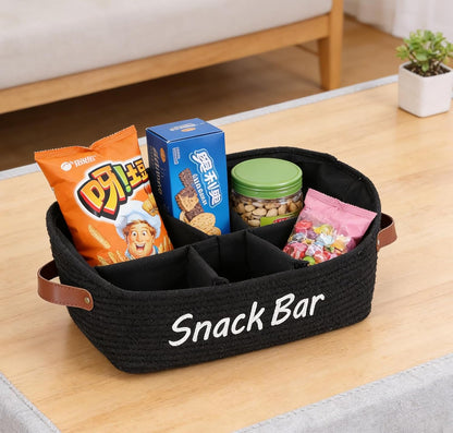 Snack Organizer for Pantry, Trapezoid Snack Organizer with Handles, 5 Compartment snack basket snack bar organizer, Cotton Rope Storage Basket for Kitchen Pantry Organization and Storage-Black