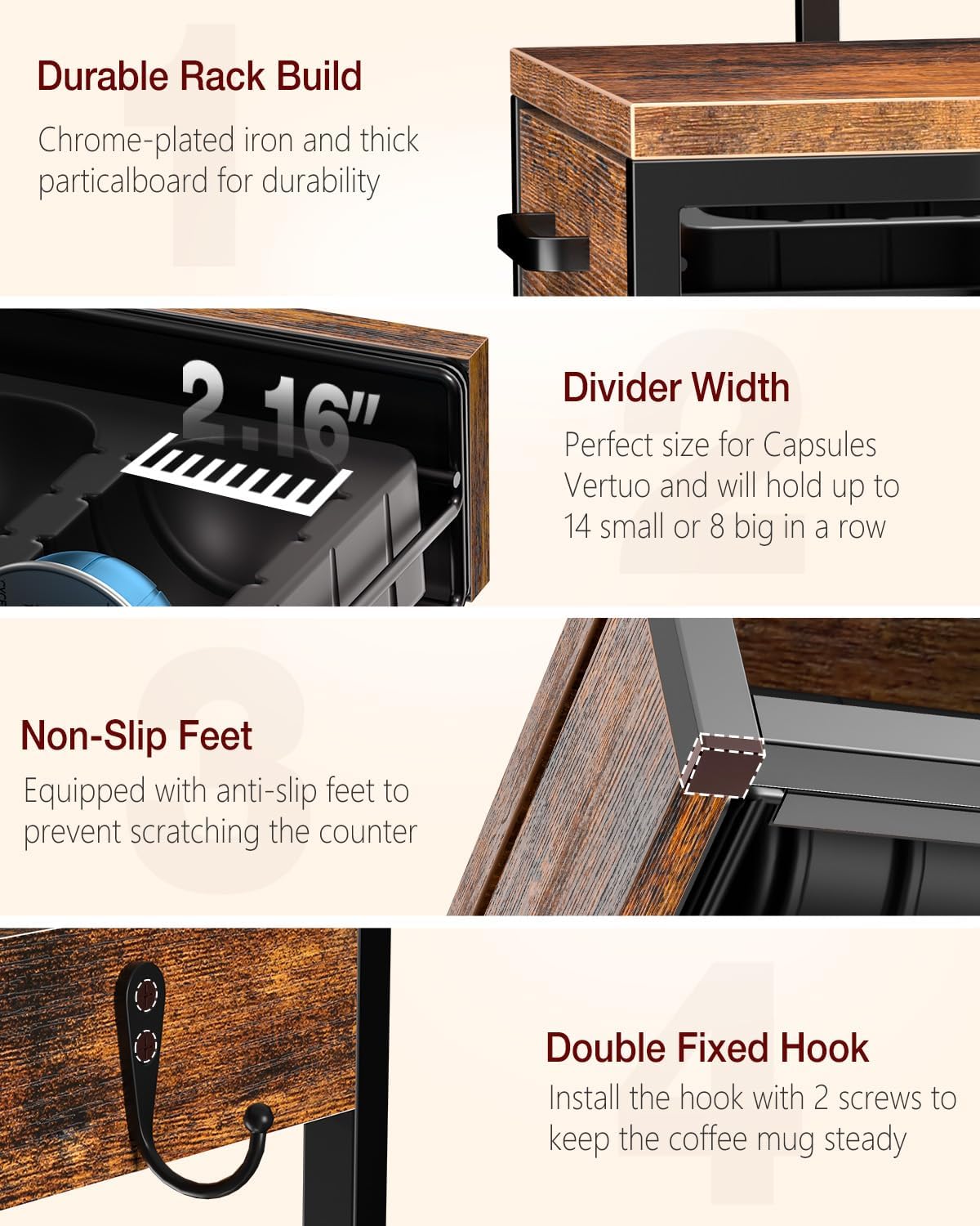 Evermagin K Cup Holder, 35 Pod Capacity, Coffee Pod Holder Compatible with Keurig, Coffee Station Organizer for Countertop with Cup Rack, Rustic Brown