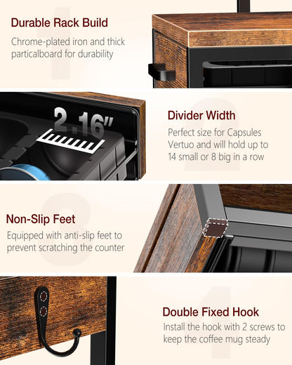 Evermagin K Cup Holder, 35 Pod Capacity, Coffee Pod Holder Compatible with Keurig, Coffee Station Organizer for Countertop with Cup Rack, Rustic Brown
