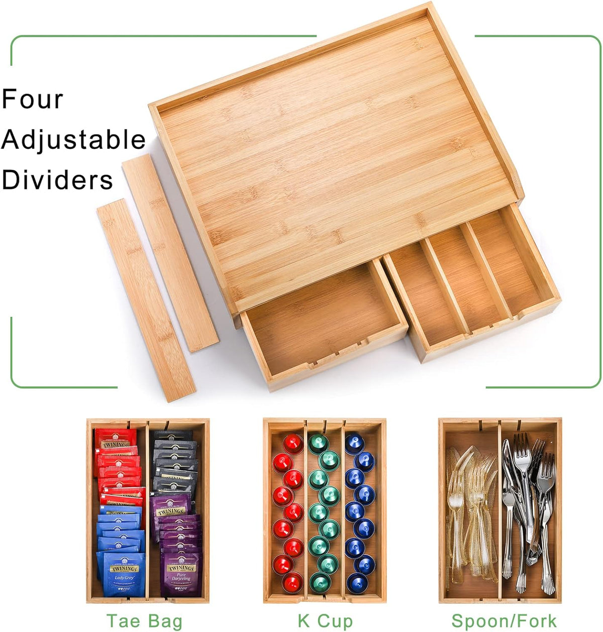 SOUJOY Bamboo Drawer Organizer for Coffee Pod, K Cup Organizer for Counter, Tea Bag Storage Organizer with Drawer and Side Storage Box for Kitchen Office Coffee Bar