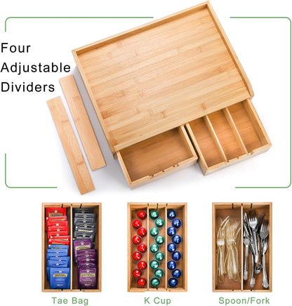 SOUJOY Bamboo Drawer Organizer for Coffee Pod, K Cup Organizer for Counter, Tea Bag Storage Organizer with Drawer and Side Storage Box for Kitchen Office Coffee Bar