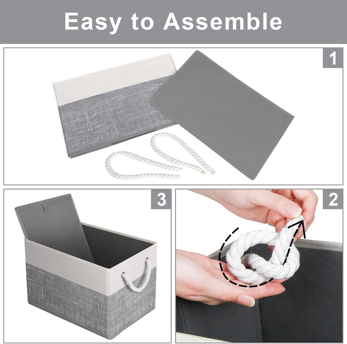Fab totes Storage Bins, Foldable Storage Baskets for Organizing Toys, Books, Shelves, Closet, Large Storage Box with Rope Handles, Sturdy Organizer Bins, White & Grey