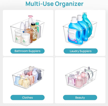 Vtopmart 8 Pack Clear Plastic Storage Bins Set, 4 Large Pantry Organizer Bins with Lids & Handles and 4 Medium Snack Organizer Bins with 4-Compartment for Pantry, Kitchen, Fridge, Cabinet Organization