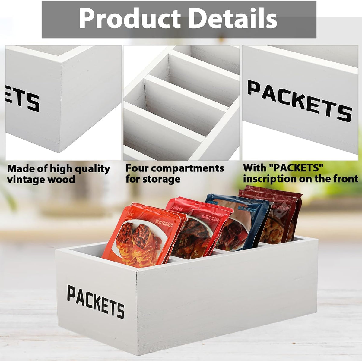 BSTKEY Seasoning Packet Organizer, Food Packet Storage Organizer with 4 Compartments, Wooden Storage Caddy for Kitchen Pantry Cabinet, Farmhouse Kitchen Organization Bin for Snacks Spice Packets