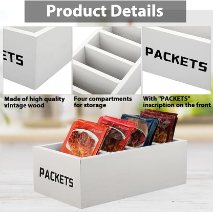 BSTKEY Seasoning Packet Organizer, Food Packet Storage Organizer with 4 Compartments, Wooden Storage Caddy for Kitchen Pantry Cabinet, Farmhouse Kitchen Organization Bin for Snacks Spice Packets