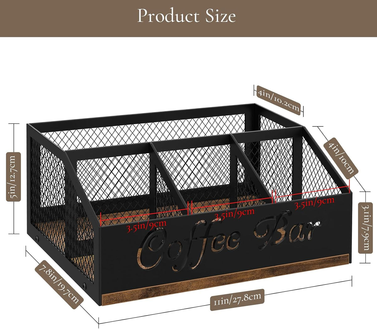 Coffee Station Organizer, Rustic Brown Wooden Countertop Coffee Bar Accessories Organizer with Metal Mesh Compartments for Pods, Syrup, Cups, Stirrer, Tea