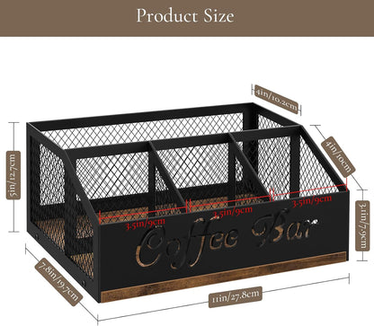 Coffee Station Organizer, Rustic Brown Wooden Countertop Coffee Bar Accessories Organizer with Metal Mesh Compartments for Pods, Syrup, Cups, Stirrer, Tea
