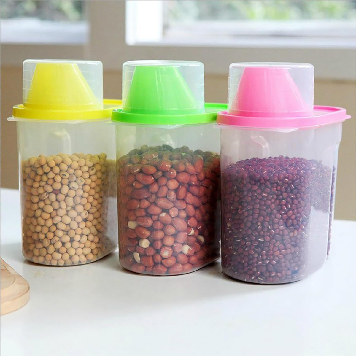 Basicwise 2.5 Liters Set of 3 Large Airtight Food Storage Containers with Pouring Spout and Measuring Cup Lid for Flour Sugar Cereal Rice Pantry Staples & Baking Ingredients in Green Pink and Yellow