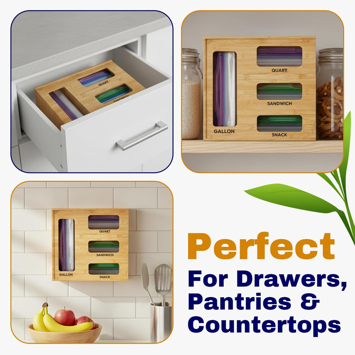 Storage Bag Organizer for Kitchen Drawer, Bamboo Bag Storage with 4 Slots, Plastic Bag Holder with Laser Engraved Labels & Screws, Space-Saving Kitchen Essential for Pantry, Apartment, and Home Use