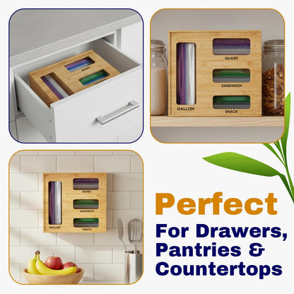 Storage Bag Organizer for Kitchen Drawer, Bamboo Bag Storage with 4 Slots, Plastic Bag Holder with Laser Engraved Labels & Screws, Space-Saving Kitchen Essential for Pantry, Apartment, and Home Use