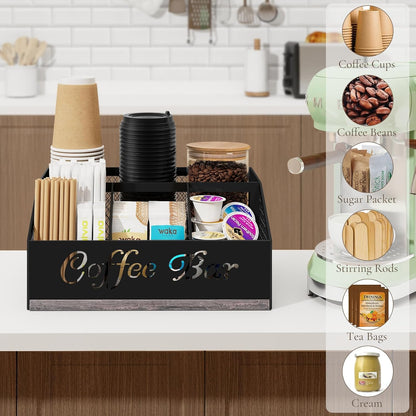 Coffee Station Organizer, Rustic Brown Wooden Countertop Coffee Bar Accessories Organizer with Metal Mesh Compartments for Pods, Syrup, Cups, Stirrer, Tea