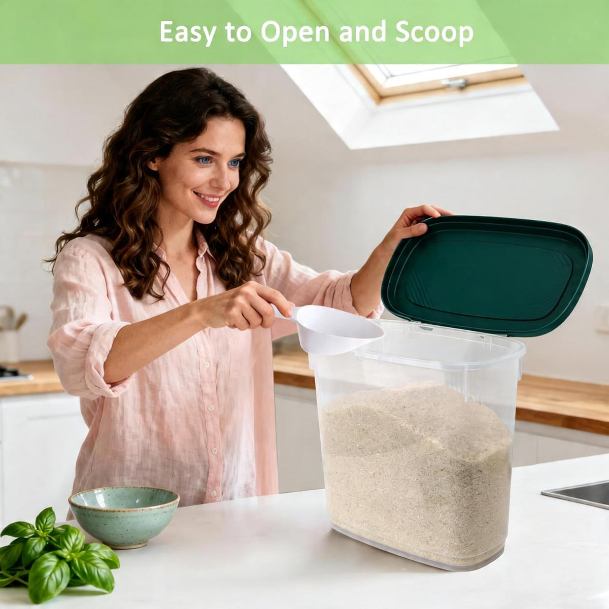 Large Rice Storage Container 15-20 Lbs, Tall Flour Container with Scoop + Cup - Slim Dry Food Storage Bin for Cereal, Sugar, Beans, Pet Dog Cat Food Container - Kitchen and Pantry Storage Organization