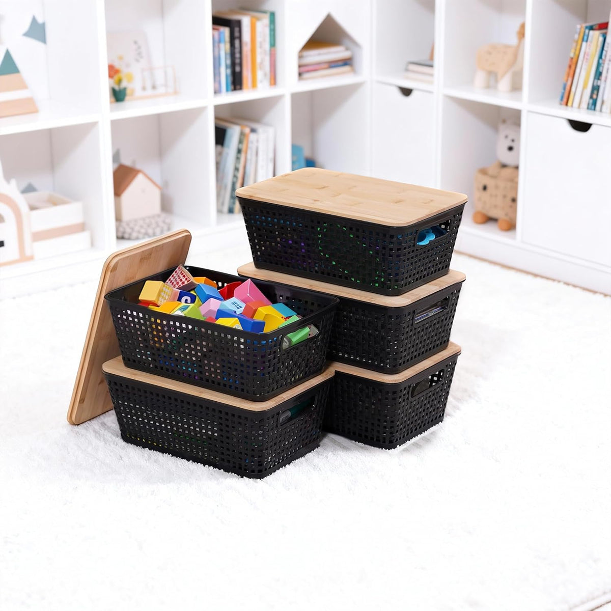 Small Storage Bins with Lids 6 Packs, Plastic Storage Basket with Bamboo Lid for Pantry Organization and Storage Containers for Shelves Drawers Desktop Closet Playroom Office Home, White