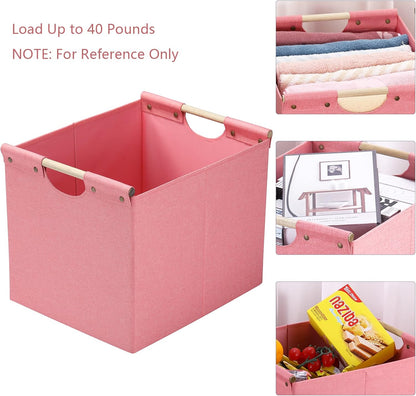 HOONEX Large Collapsible Storage Bins, Linen Fabric, Pack of 2, Storage Baskets with Wooden Carry Handles and Sturdy Heavy Cardboard, for Home, Office, Car, Nursery, Black