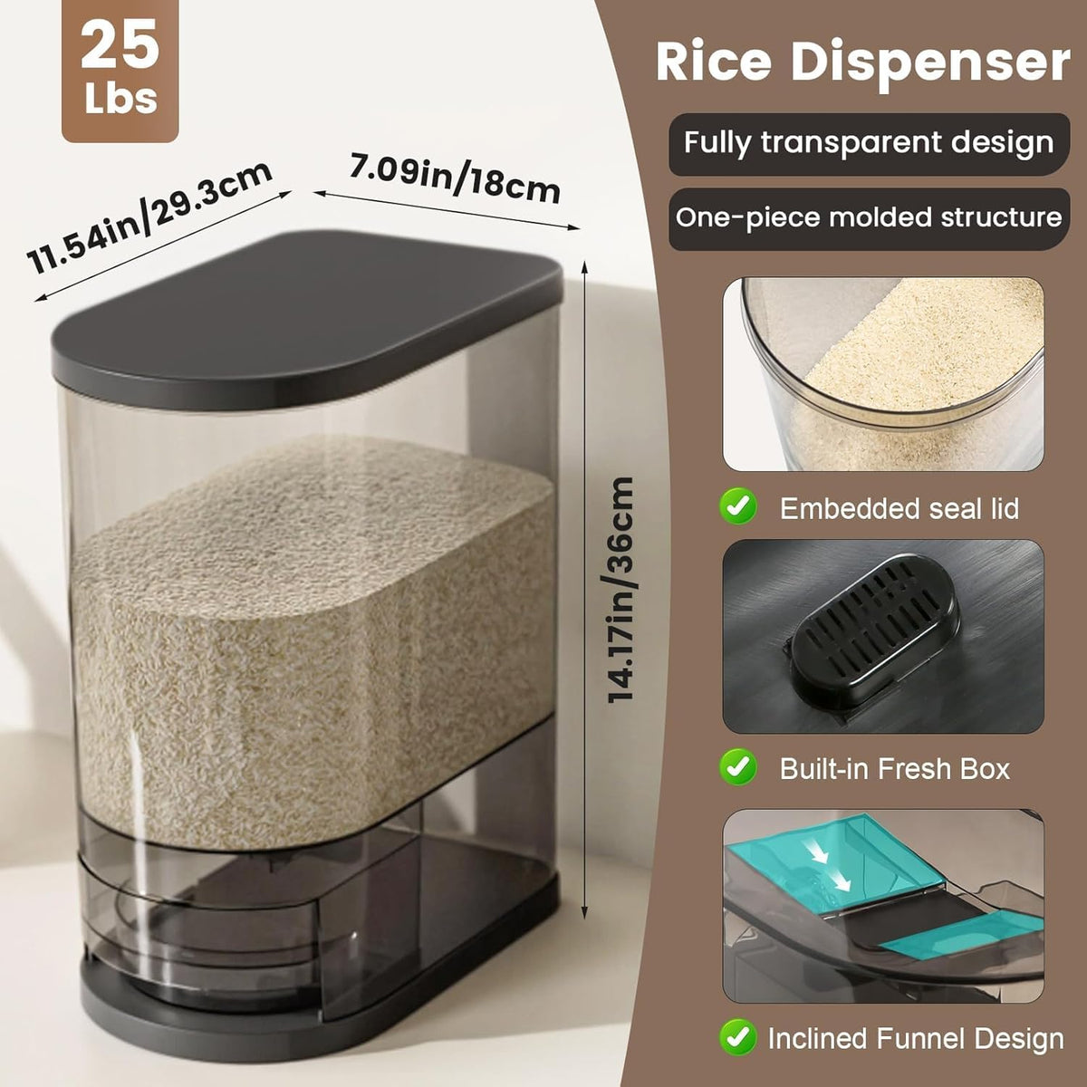 SYNCVIBE Rice Dispenser 22-25 Lbs Rice Storage Container with Measuring Cup Moisture Proof, Large Cereal Dry Food Storage, Household Airtight Food Dispenser Bucket for Kitchen Pantry Organization