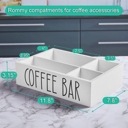 ALELION Coffee Station Organizer - Wood Countertop Accessories Organizer with Removable Dividers for Pods Condiment Syrup Tea Cups Stirrers - for Farmhouse Coffee Bar Decor
