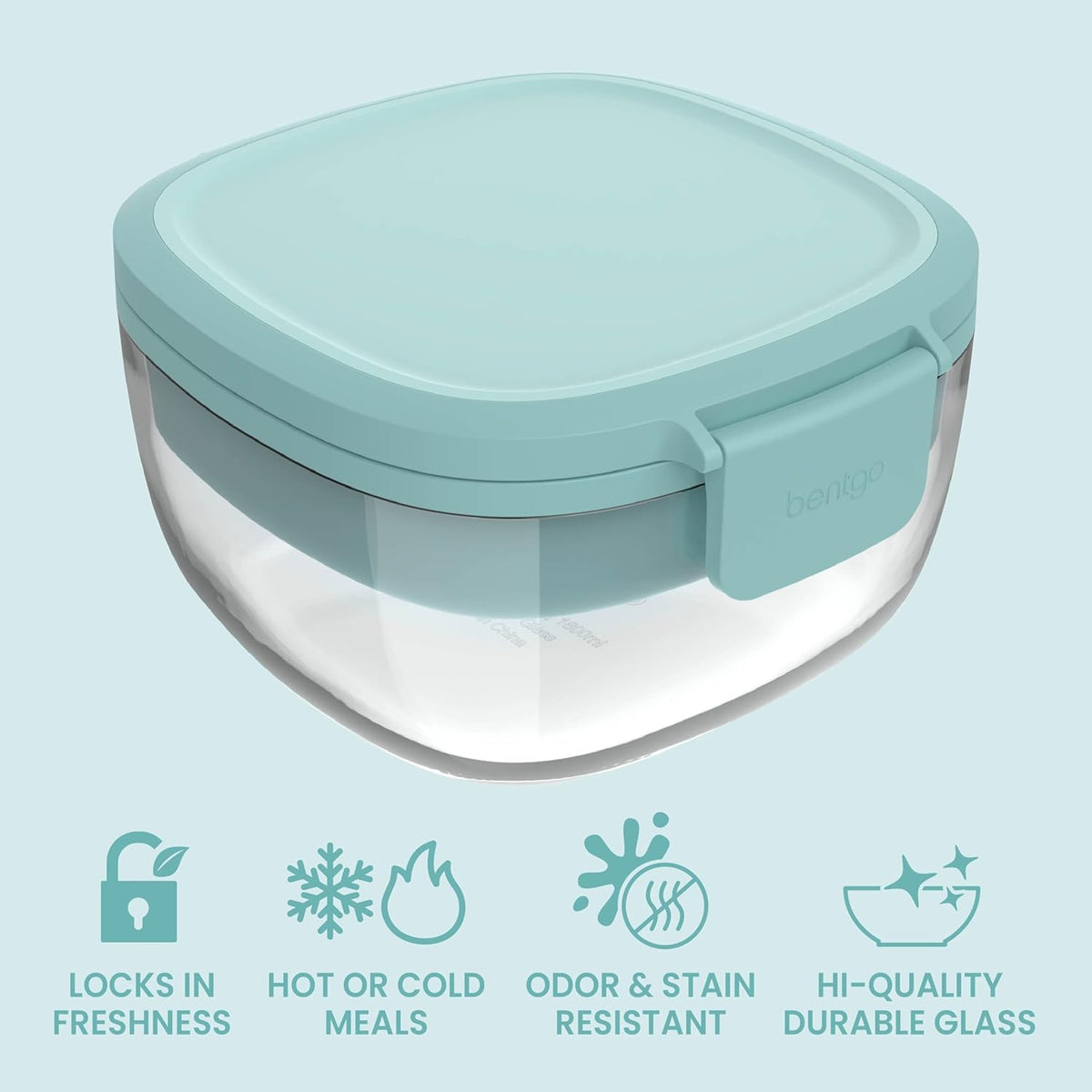 Bentgo Glass Prints Salad Container - 7.6-Cup Tinted Glass Salad Bowl with Airtight Lid, Leak-Proof Sauce Container, 4-Compartment Bento Meal Prep Tray & Reusable Fork (Floral Maximalist - Sea)
