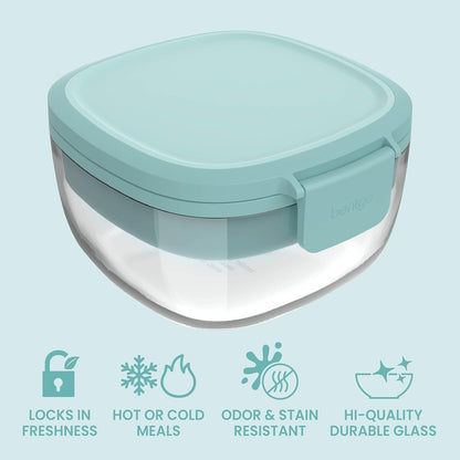 Bentgo Glass Prints Salad Container - 7.6-Cup Tinted Glass Salad Bowl with Airtight Lid, Leak-Proof Sauce Container, 4-Compartment Bento Meal Prep Tray & Reusable Fork (Floral Maximalist - Sea)