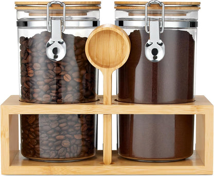Yangbaga 2Pcs Coffee Sugar Canisters with Shelf, 38OZ Plastics Storage Containers for Ground Coffee Bean Storage with Lid Airtight Locking Clamp and Coffee Scoop, Food Storage Jar for Kitchen